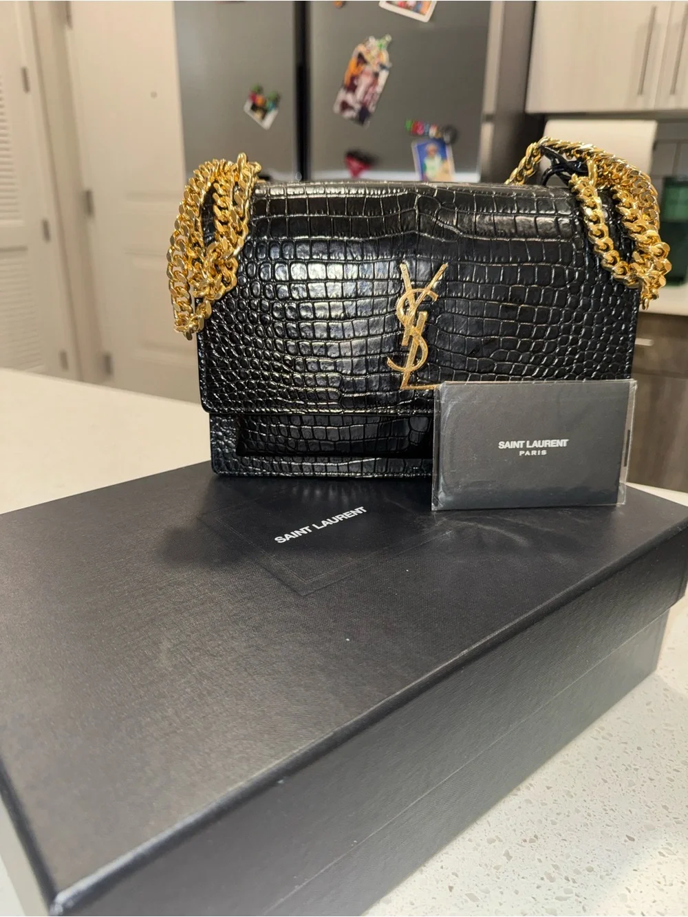 Saint Laurent Sunset Black Croc-Embossed Suede-Trim Shoulder Bag
